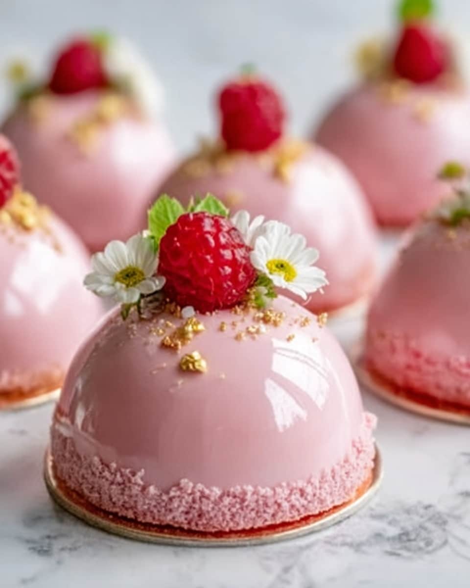 The image shows several round, shiny pink mousse cakes placed on individual gold bases. Each cake has a smooth, mirror-like surface and is set on a pink textured crumb base. On top of each cake are small decorations, including fresh red strawberries or raspberries, small white edible flowers, and tiny yellow and green sprinkles. The cakes are arranged on a white marbled surface, with a soft focus in the background that shows more cakes. The lighting highlights the glossy texture of the mousse and the fresh look of the fruit toppings. Photo taken with an iphone --ar 4:5 --v 7