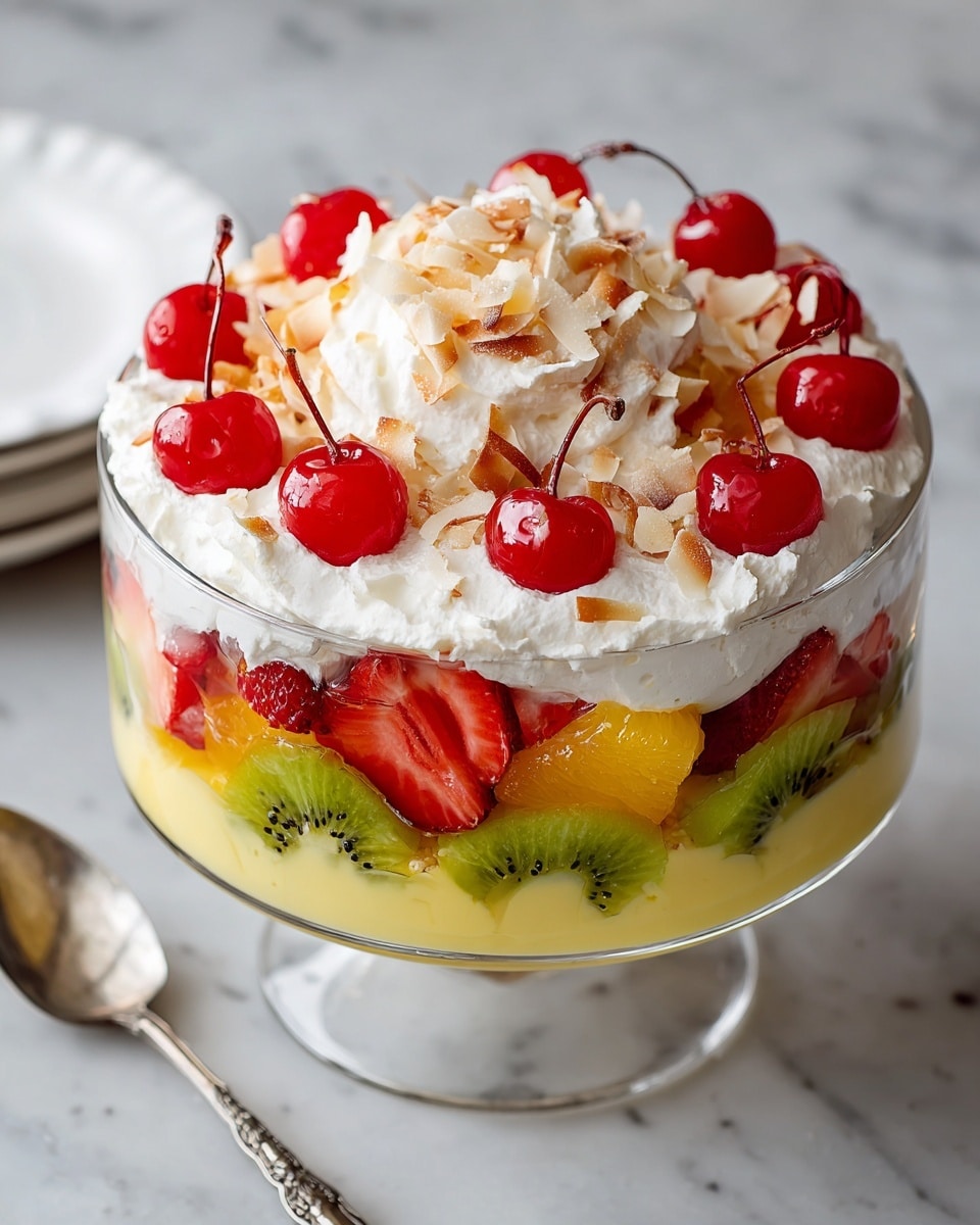 A white bowl filled with a dessert layered starting with a creamy yellow base, topped with fresh red cherries, bright green kiwi slices, and small yellow pineapple chunks. A thick layer of white whipped cream covers the fruit, sprinkled with thin toasted coconut shreds. A single red cherry sits on top at the center. The bowl is placed on a white marbled surface. Photo taken with an iphone --ar 4:5 --v 7