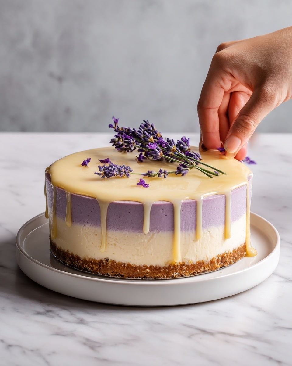 The image shows a smooth, round honey lavender cheesecake with three distinct layers. The bottom layer is a light brown crust with a firm texture, supporting a tall middle layer of pale purple cheesecake with a creamy and soft look. The top layer has a light yellow honey glaze that drips slightly down the sides, adding shine and contrast. Small sprigs of dried lavender with purple flowers decorate the top, adding a natural touch. The cake is on a white plate placed on a white marbled surface, and part of a woman's hand is gently touching the edge of the plate. photo taken with an iphone --ar 4:5 --v 7