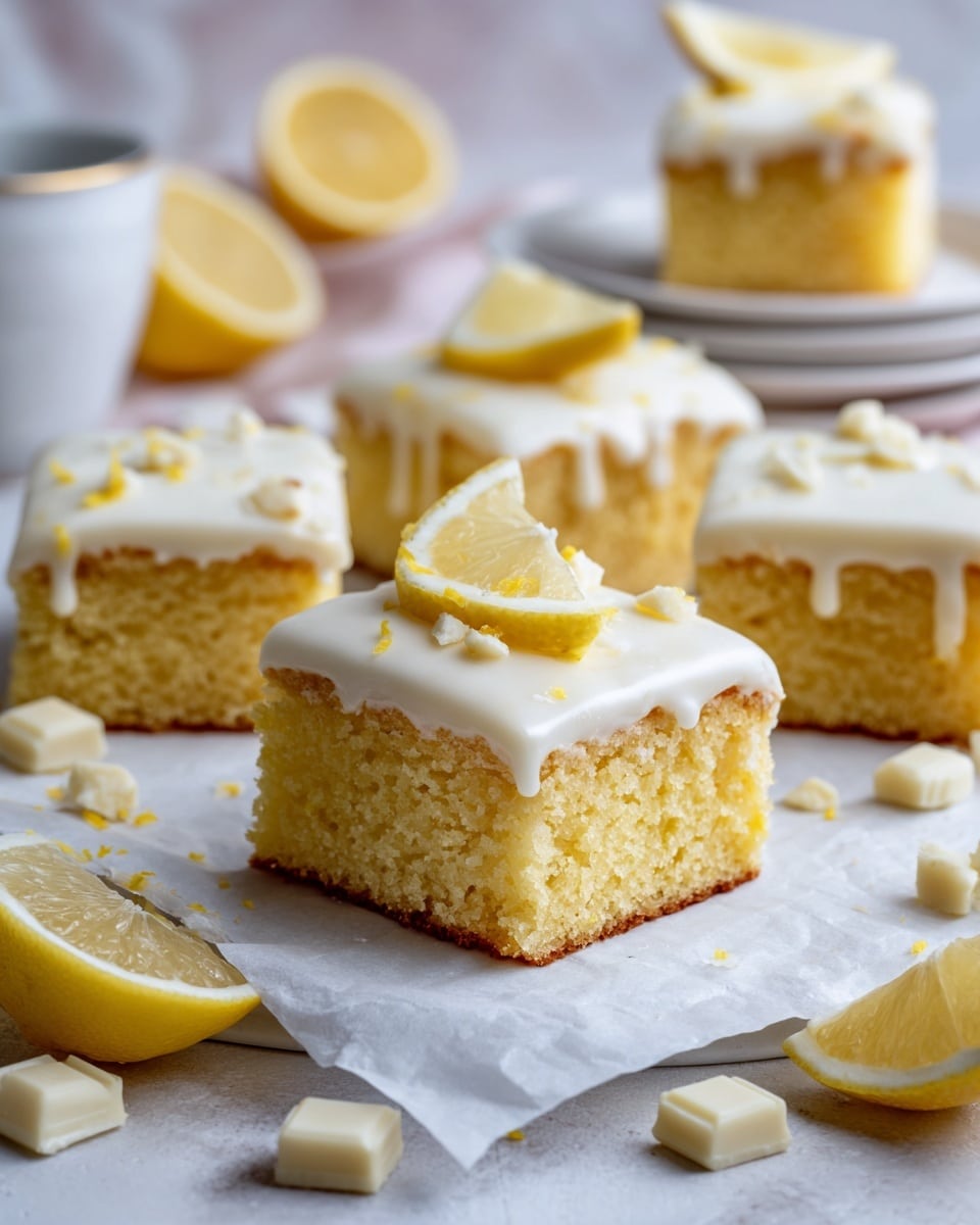 The image shows several square lemon cake pieces on light brown paper over a white marbled surface, each piece having two layers: a moist yellow cake base with a soft, slightly crumbly texture, and a smooth white icing layer on top with small flecks of lemon zest. One cake piece in the front center is garnished with two thin lemon slices placed diagonally, adding bright yellow tones. In the background, more cake pieces appear stacked on white plates, and whole and cut lemon wedges are scattered around, enhancing the fresh, citrus theme. Small white chocolate chunks are also spread near the cakes, adding texture contrast. Photo taken with an iphone --ar 4:5 --v 7