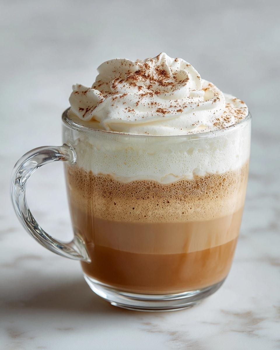 The image shows a clear glass cup with a short stem and handle, filled with three visible layers. The bottom layer is a light brown coffee base, smooth in texture. Above that is a thin, white layer of cream or foam, followed by a thick, fluffy layer of white whipped cream on top. The whipped cream is decorated with a light dusting of brown powder. The cup sits on a white marbled surface with soft lighting highlighting the drink’s textures. Photo taken with an iphone --ar 4:5 --v 7
