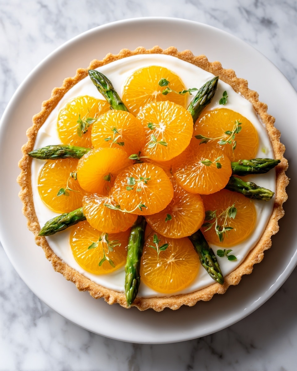 The image shows a tart on a white plate placed on a white marbled surface. The tart has a golden-brown crust with a crimped edge as the bottom layer. Above the crust is a smooth, creamy white filling spread evenly. On top of the cream, there are bright yellow citrus segments arranged in a circular pattern. Next, a layer of green asparagus spears is placed neatly in a radial pattern, pointing outward from the center. In the middle of the tart, there are halved orange slices stacked, showing their juicy and vibrant interior. Some fresh green herbs are scattered on the tart and around the plate, adding color contrast and a fresh look. The whole presentation is bright and fresh. photo taken with an iphone --ar 4:5 --v 7
