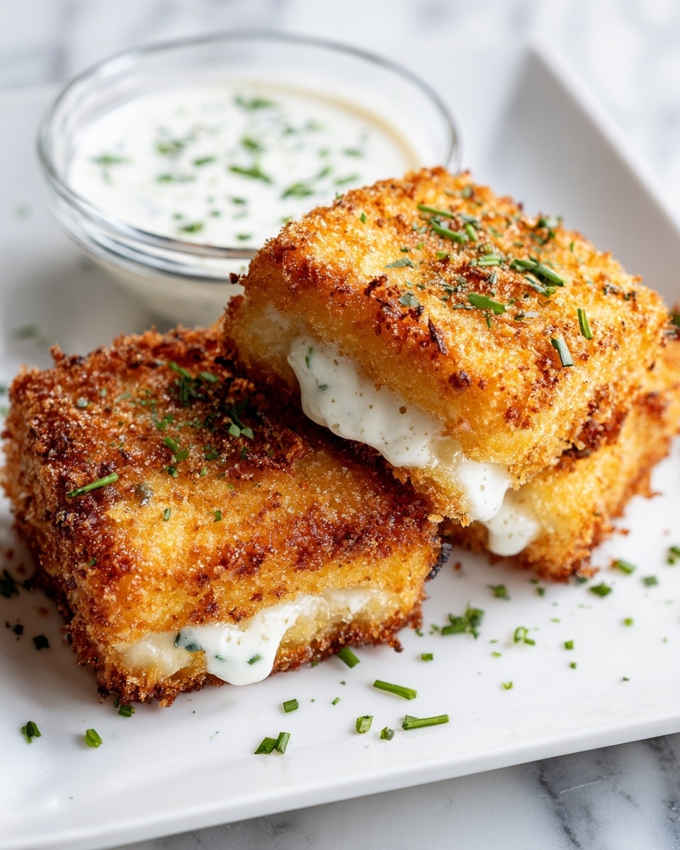 Two golden brown, crispy rectangular fried cheese pieces sit side by side on a white square plate, each sprinkled with small chopped green herbs on top. The coating looks crunchy with a textured surface, revealing bits of herbs inside the creamy melted cheese that slightly oozes out. Behind the fried cheese on the plate is a small clear glass bowl filled with thick white dipping sauce, also garnished with chopped green herbs. The plate rests on a white marbled surface. photo taken with an iphone --ar 4:5 --v 7