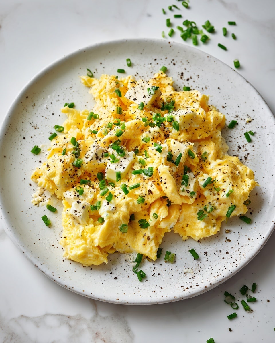 A close-up view of a creamy scrambled egg dish served in a white bowl with a light brown rim. The eggs are soft and fluffy, showing a pale yellow color with chunks of white cheese mixed throughout. The top is sprinkled with small green pieces of fresh chives and some black pepper, adding a touch of contrast. The bowl sits on a white marbled surface with scattered chives in the background. photo taken with an iphone --ar 4:5 --v 7