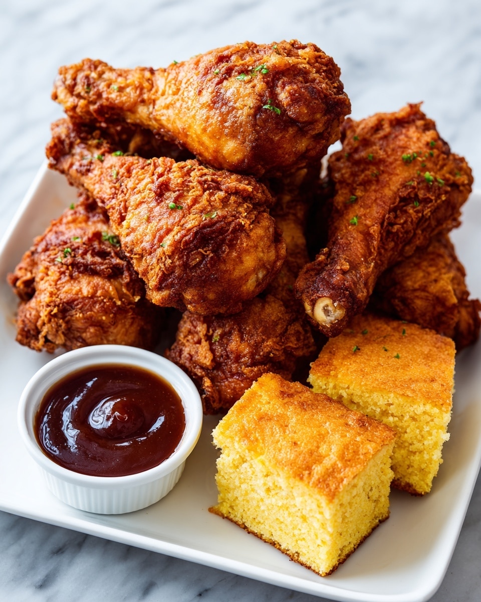 A white square plate is filled with five golden-brown fried chicken drumsticks showing a crispy, textured crust, stacked on top of each other in the center and left side of the plate. On the right side, there are two thick, yellow pieces of soft cornbread with a slightly crumbly texture, placed near a small white ramekin filled with smooth, dark reddish-brown dipping sauce. The plate sits on a white marbled surface, creating a clean and simple background. Photo taken with an iphone --ar 4:5 --v 7