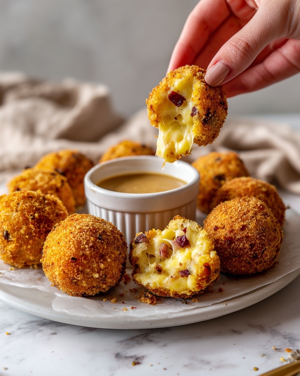 A close-up image shows round, golden-brown fried balls with a crispy, textured crust. One ball is broken open in front, revealing a creamy, smooth yellow cheese filling with bits of red pieces inside. Behind the balls, there is a small white ramekin full of a thick, light brown dipping sauce. The balls are arranged closely together on a white marbled surface. photo taken with an iphone --ar 4:5 --v 7