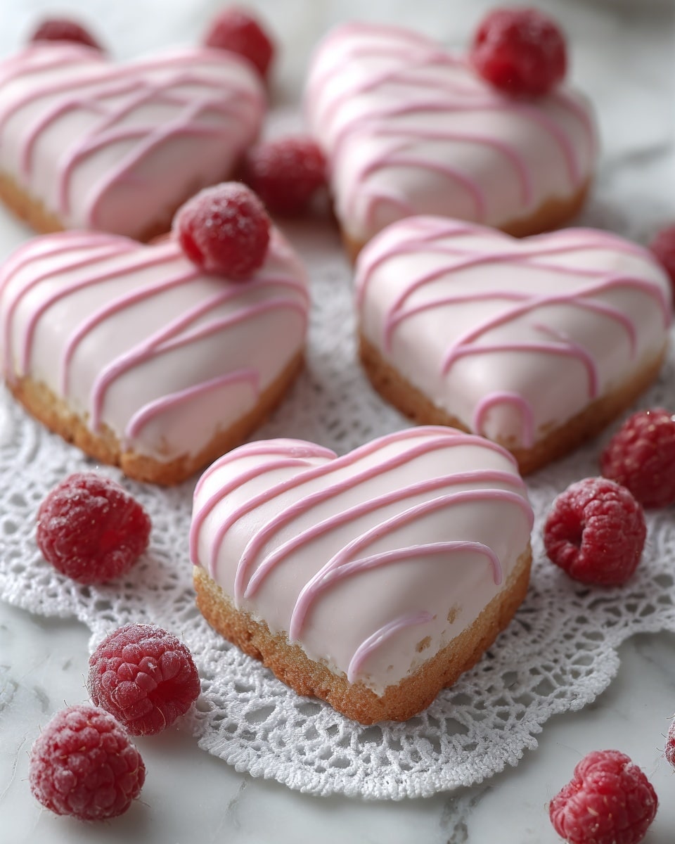 The image shows heart-shaped pink cakes with smooth, shiny icing and thin striped patterns on top. Each cake has two visible layers: a light pink upper layer with a glossy look and a thin beige base layer that looks soft and crumbly. The cakes sit on a white lace doily, which is placed on a white marbled surface. Around the cakes, there are fresh, bright red raspberries adding a pop of color to the scene. The focus is close-up, showing the texture and detail of both the cakes and the raspberries. Photo taken with an iphone --ar 4:5 --v 7