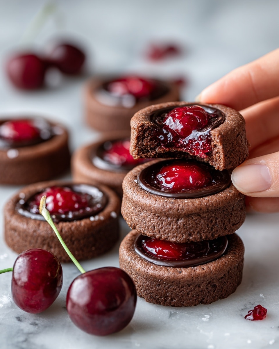 The image shows several round chocolate cookies arranged on a white marbled surface. Each cookie has a glossy, thick layer of dark chocolate filling in the center topped with small red crumb sprinkles. One cookie is stacked on top of another with the top cookie broken in half, revealing a soft, gooey, dark chocolate inside. There are a few shiny dark red cherries placed near the cookies, adding a fresh and colorful touch to the scene. photo taken with an iphone --ar 4:5 --v 7