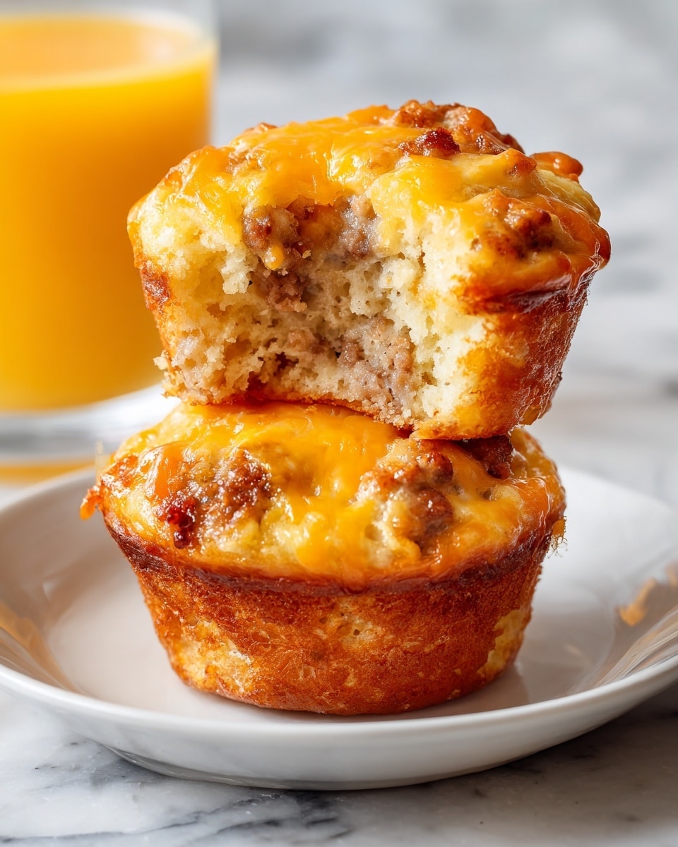 Two sausage and cheese muffins, stacked on a white plate with a white marbled background, show a soft, light brown bottom muffin topped with a second muffin that is broken open to reveal a fluffy, light yellow inside mixed with cooked sausage bits; the muffin top has melted orange-yellow cheddar cheese, glossy and slightly dripping. In the blurred background, there is a glass of orange juice. photo taken with an iphone --ar 4:5 --v 7