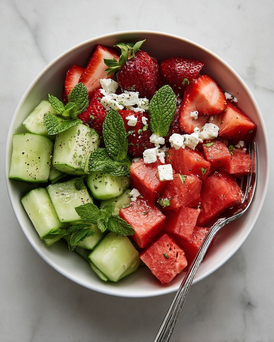 A bowl filled with a fresh salad showing three main layers: bright red strawberry halves and chunks, irregular pinkish-red watermelon pieces, and semi-circle cucumber slices with dark green edges and pale green centers. Scattered on top are small white chunks of cheese and fresh mint leaves in deep green, with tiny black pepper specks sprinkled over everything. On the right side of the white bowl, a silver fork rests partially inside, all set against a white marbled background. photo taken with an iphone --ar 4:5 --v 7