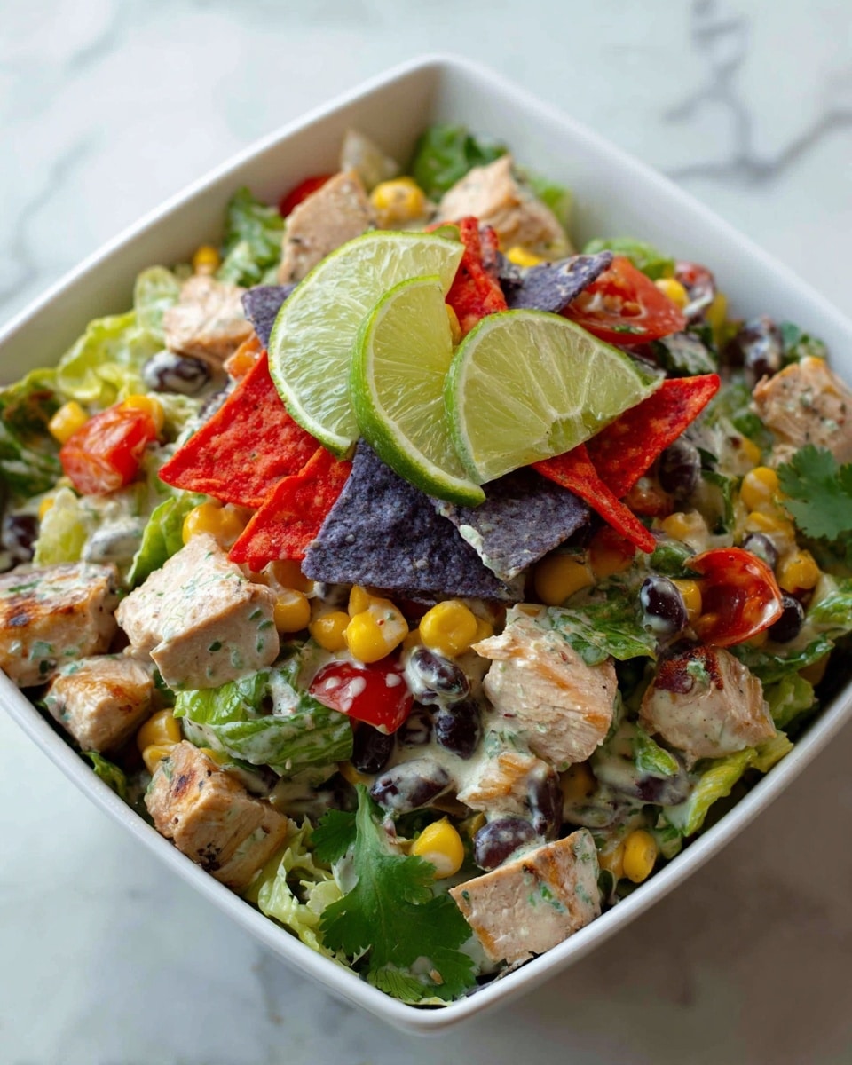 A white square bowl is filled with a fresh layered salad. The base layer consists of chopped green lettuce leaves with a creamy dressing, followed by scattered pieces of cooked chicken breast that are light golden brown. On top, there are chunks of red tomatoes, black beans, and yellow corn kernels adding color contrast. Thin strips of red and purple tortilla chips spread across the salad give a crunchy texture. Bright green diced bell peppers and fresh chopped cilantro sprinkle over the dish. At the center of the salad, two lime wedges rest on top as a garnish. The bowl is placed on a white marbled surface. Photo taken with an iphone --ar 4:5 --v 7