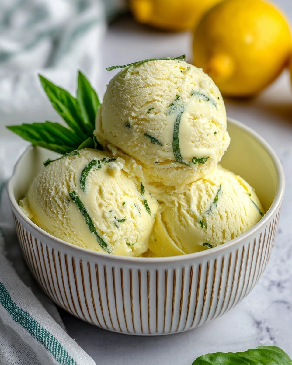 A white bowl filled with three scoops of pale yellow lemon ice cream, each scoop showing thin green lines of basil mixed through the smooth texture, sitting closely together and slightly overlapping. Fresh, bright green basil leaves are placed on and around the ice cream, adding a pop of color. Two yellow lemons sit blurred in the background on a white marbled surface, and a white cloth with green stripes is partially visible in the bottom left corner, enhancing the fresh and cool feel of the image. photo taken with an iphone --ar 4:5 --v 7