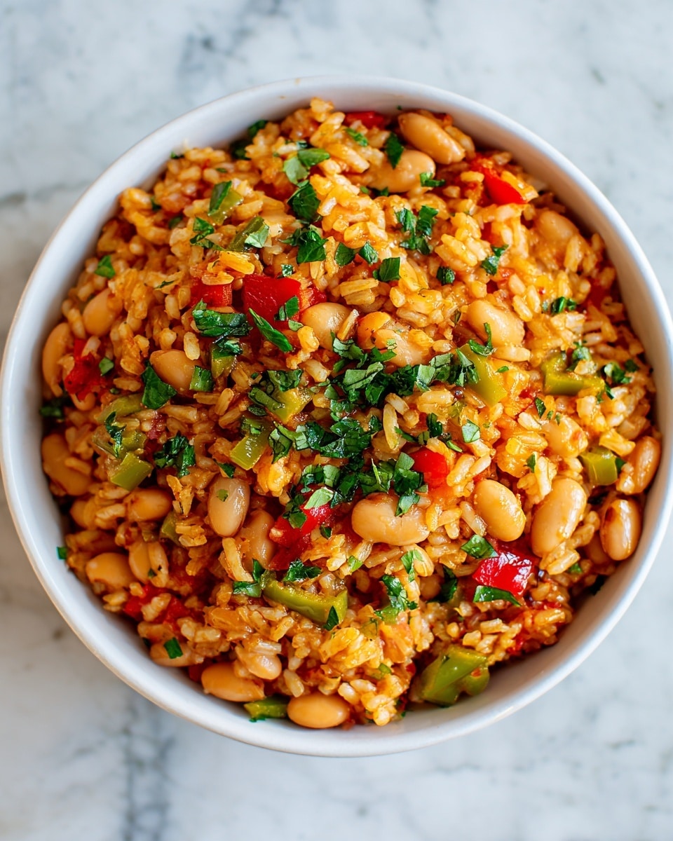 A close-up of a bowl filled with cooked rice mixed with light brown beans, chopped fresh green herbs, and diced red and yellow bell peppers. The rice is a warm orange color, visibly seasoned and slightly oily, with the beans scattered evenly throughout. The green herbs are chopped roughly and sprinkled on top and throughout the dish, adding a fresh contrast. The bowl is white, and the background is a white marbled texture. photo taken with an iphone --ar 4:5 --v 7