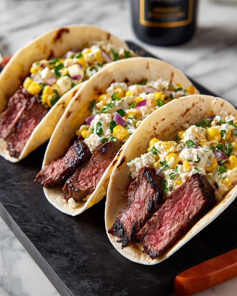 Four tacos sit side by side on a dark cutting board with a white marbled texture, each with two soft, light golden tortillas as the base. Inside each taco, the bottom layer shows pieces of grilled steak with a pink center and charred, dark edges. Above the steak, there is a creamy corn salad mixed with diced red onions and green herbs, giving a textured, colorful look with yellow, red, and green bits. In the background, a blurred bottle is visible, adding depth to the image. photo taken with an iphone --ar 4:5 --v 7