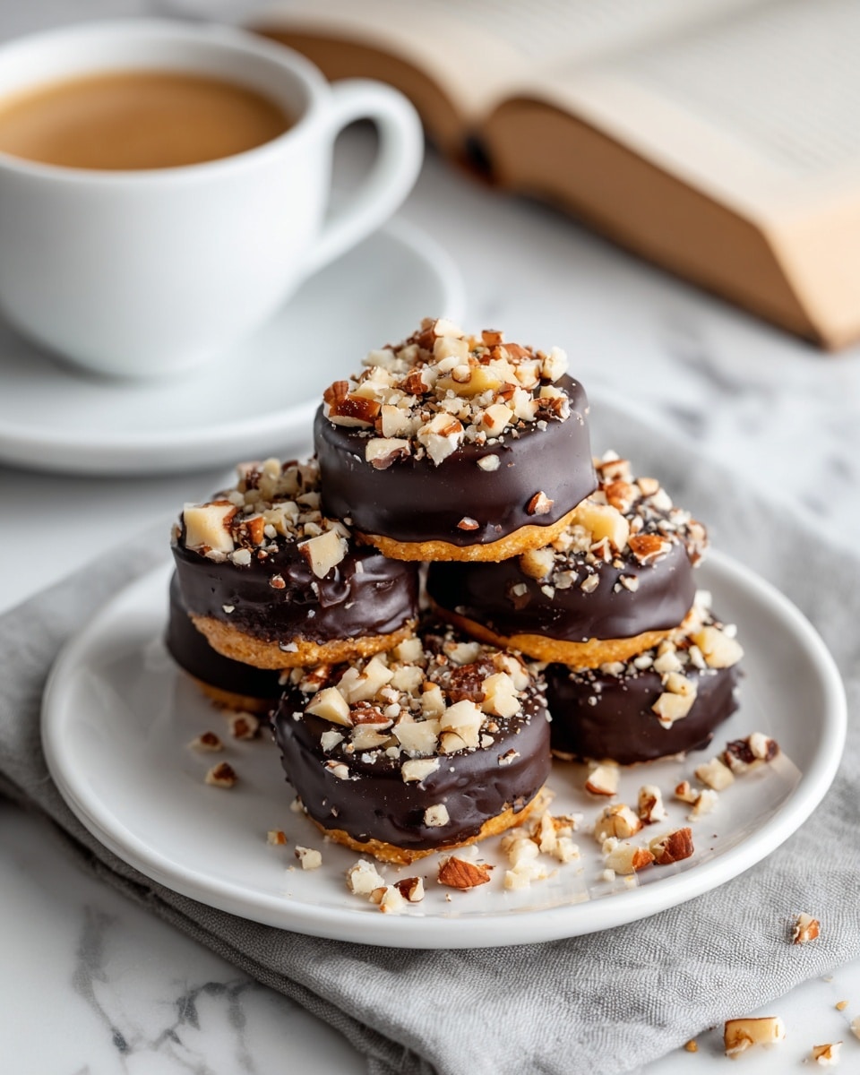 A white plate holds five round chocolate-covered treats stacked in a small pile. Each treat is coated in smooth dark chocolate and topped with a generous layer of crushed nuts that vary in size and color from pale beige to light brown. The plate rests on a folded gray cloth over a white marbled surface. In the background, a white cup on a white saucer contains a light brown cappuccino with frothy foam on top, and a book with a tan cover lies partially out of frame. photo taken with an iphone --ar 4:5 --v 7