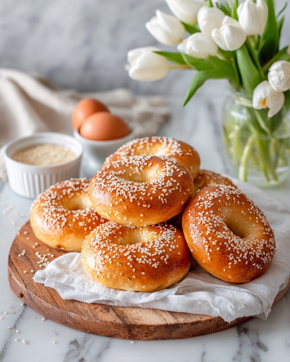 A group of six golden brown bagels with a shiny crust are sprinkled generously with white sesame seeds, each bagel showing a smooth, rounded surface with a central hole. They rest closely together on a neutral-colored cloth, placed on a round wooden board over a white marbled surface. Nearby is a small white bowl filled with more sesame seeds, a brown egg, and a glass vase with white tulips and green leaves, adding fresh and soft textures around the bagels. Photo taken with an iphone --ar 4:5 --v 7