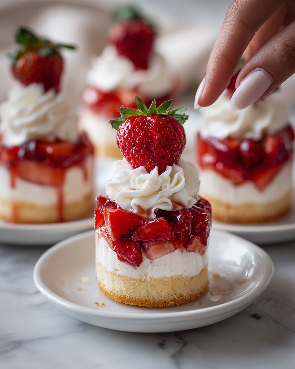 The image shows a close-up of small dessert cups with three visible layers. The bottom layer is a light golden sponge cake, soft and fluffy in texture. Above it is a layer of white cream mixed with small pieces of fresh red strawberries. On top of that, there is a thick, shiny red strawberry glaze that covers the cream and cake beneath. Each dessert cup is topped with a large swirl of white whipped cream, crowned by a whole red strawberry with green leaves on top. The cups sit on a white marbled surface, and a woman's hand gently holds one of the cups. The scene is bright and inviting, with sharp details and natural light highlighting the colors and textures. photo taken with an iphone --ar 4:5 --v 7