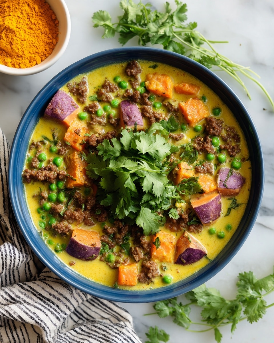 A blue bowl filled with a creamy yellow curry containing several layers of ingredients is shown. The base layer has a smooth yellow curry sauce. On top of this, there are chunky pieces of purple sweet potatoes, small green peas, and brown ground meat scattered evenly around. Fresh bright green cilantro leaves rest on top in the center, adding a lively touch. The bowl is placed on a white marbled surface with additional cilantro leaves scattered nearby, and a white bowl with bright orange-yellow powder is visible in the top left corner. A striped cloth with black and white lines is casually draped near the top edge. Photo taken with an iphone --ar 4:5 --v 7