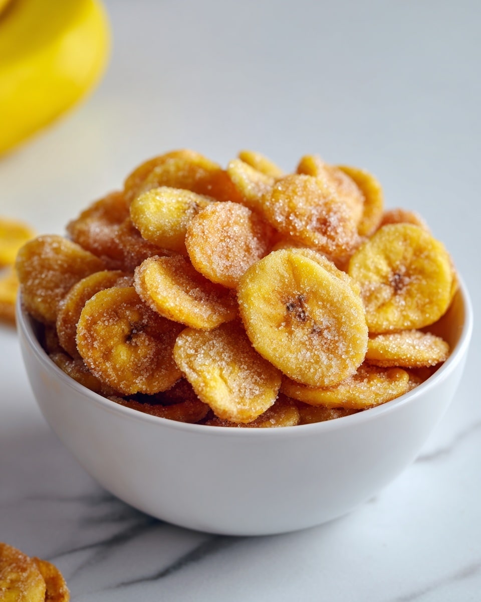 A white bowl filled with many round banana chips that are golden yellow and lightly dusted with sugar, giving them a slightly frosted look. The chips are thin, stacked unevenly, and show a crunchy texture with some light brown spots from frying. The background and surface are white with a marbled texture, and a yellow banana is blurred in the background. photo taken with an iphone --ar 4:5 --v 7