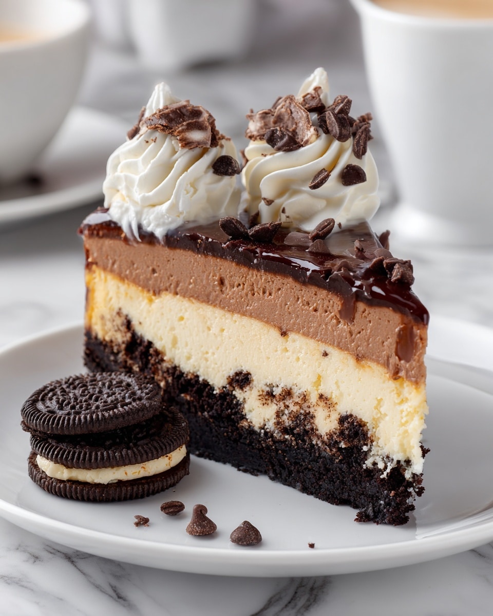 A slice of three-layer cheesecake sits on a white plate, placed on a white marbled surface. The bottom layer is a dark, crumbly crust, likely made from crushed cookies. Above that is a thick light beige layer, creamy and smooth. The middle layer is a slightly thinner milk chocolate brown cream. On top, a shiny, rich chocolate ganache covers the slice, partly crowned with curled chocolate shavings and sprinkled with tiny chocolate chips. Three dollops of white whipped cream, dusted with cocoa powder, are neatly placed on one side of the slice. A half Oreo cookie rests on the plate near the cheesecake, and a blurred white cup is seen in the background. Photo taken with an iphone --ar 4:5 --v 7