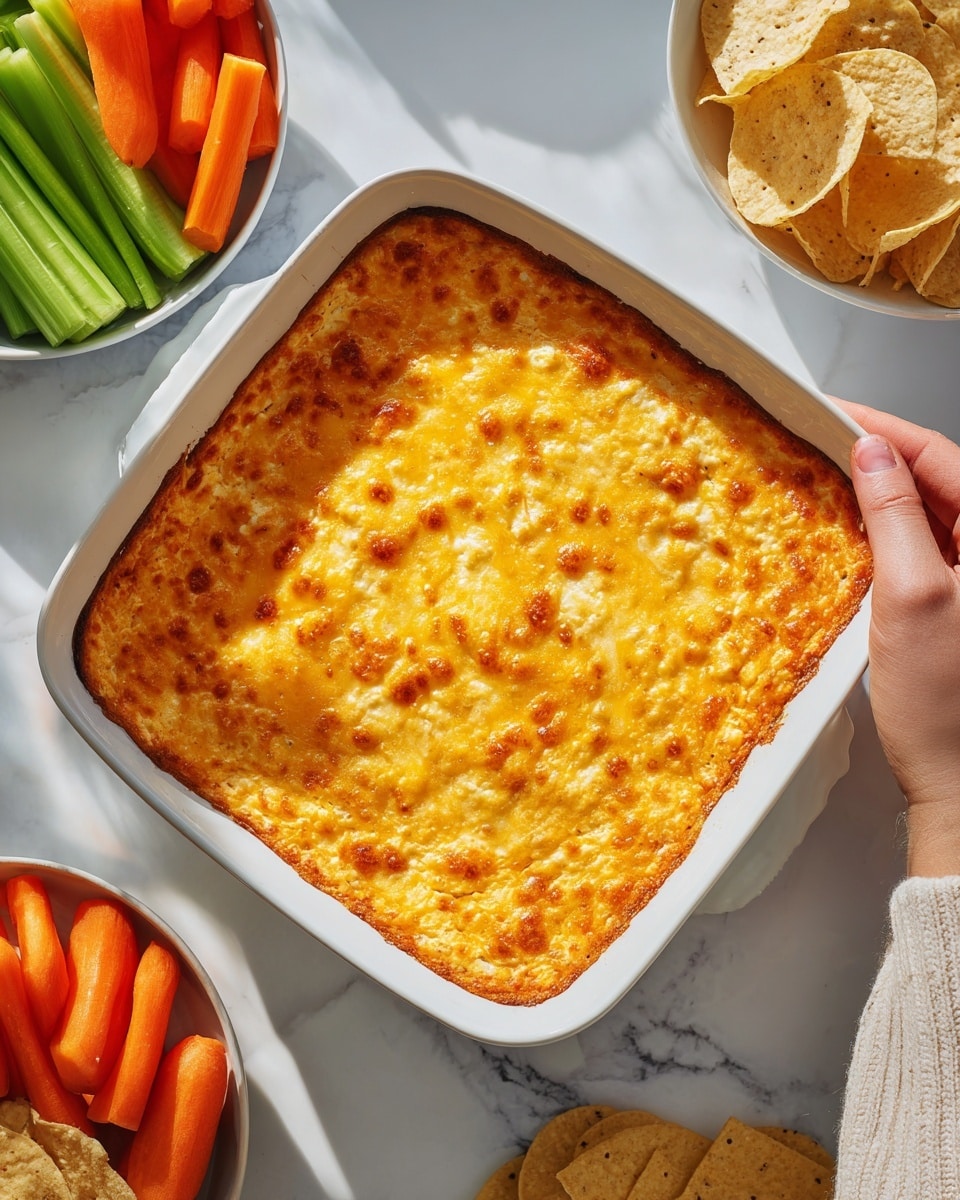 The image shows a square white baking dish filled with a baked dip that has a smooth, golden-orange top layer with a slightly bubbly texture. The dish sits on a wooden board, surrounded by small white bowls of fresh celery sticks and carrot sticks. There are also round, light brown crackers scattered around the bottom left corner near the dish. A white and green striped cloth napkin is placed on the right side on a white marbled surface. A woman's hand is gently touching the napkin. The overall scene is bright and inviting. photo taken with an iphone --ar 4:5 --v 7