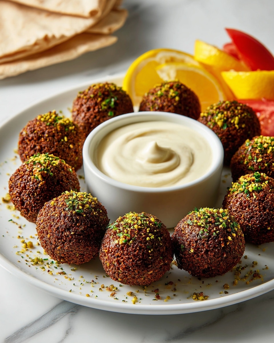The image shows a white round plate on a white marbled surface, filled with about twelve deep brown falafel balls arranged in a circle around a small white bowl of creamy white sauce in the center. Small green herb leaves are scattered on the falafel, adding a touch of color. Pieces of pita bread and a partially visible plate with sliced red tomatoes are around the main plate. A wedge of lemon is on the left side near the pita bread. The falafel balls have a crispy texture and are evenly browned, creating a nice contrast with the smooth sauce in the middle. photo taken with an iphone --ar 4:5 --v 7