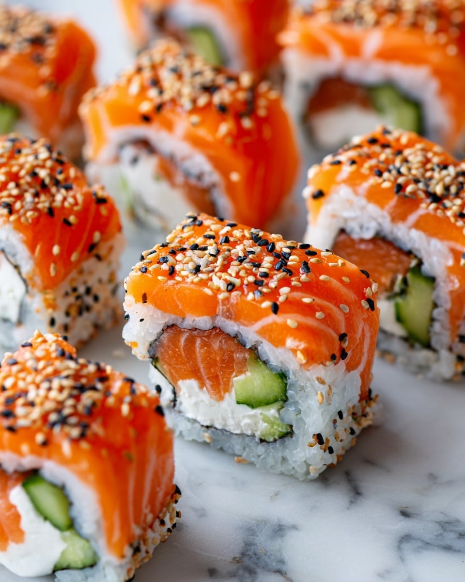 The image shows six pieces of sushi rolls arranged close together on a white marbled surface. Each sushi roll has an inside layer of white cream cheese and green cucumber slices, wrapped by a thin layer of rice, and finished with a smooth outer layer of bright orange salmon. The top of each roll is sprinkled with a mix of white and black sesame seeds, adding a textured look. The salmon layer is shiny and fresh, contrasting with the soft, creamy inside. The white marbled background gives a clean and elegant feel to the image. Photo taken with an iphone --ar 4:5 --v 7