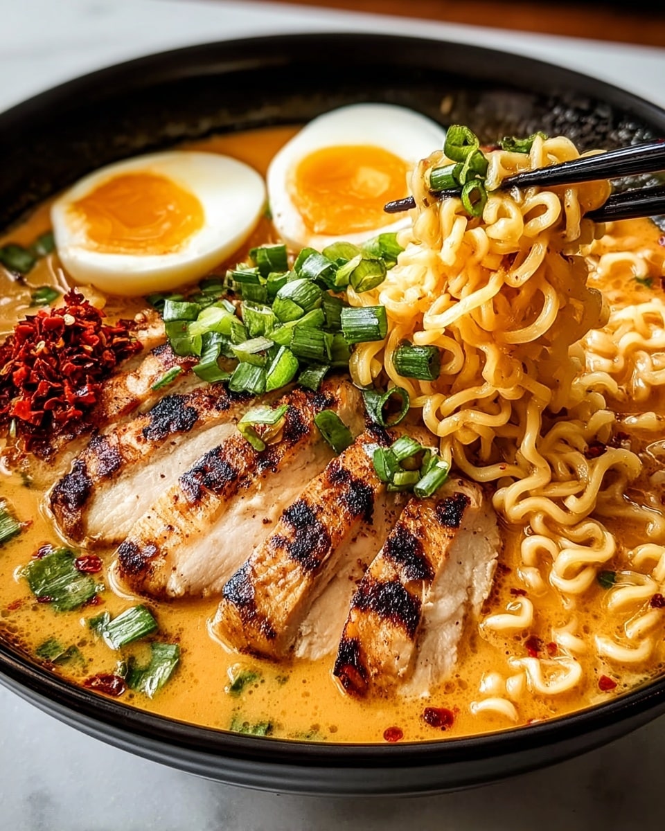 A black bowl filled with creamy orange broth holds wavy yellow ramen noodles, topped with four slices of grilled chicken with charred edges on the front right side. At the upper left, there is a halved soft-boiled egg with a bright orange yolk. In the middle, a pile of chopped fresh green onions is sprinkled with red chili flakes. A small mound of red chili powder is on the left side in the broth. Black chopsticks pick up some noodles from the right side. The bowl is placed on a white marbled texture. photo taken with an iphone --ar 4:5 --v 7