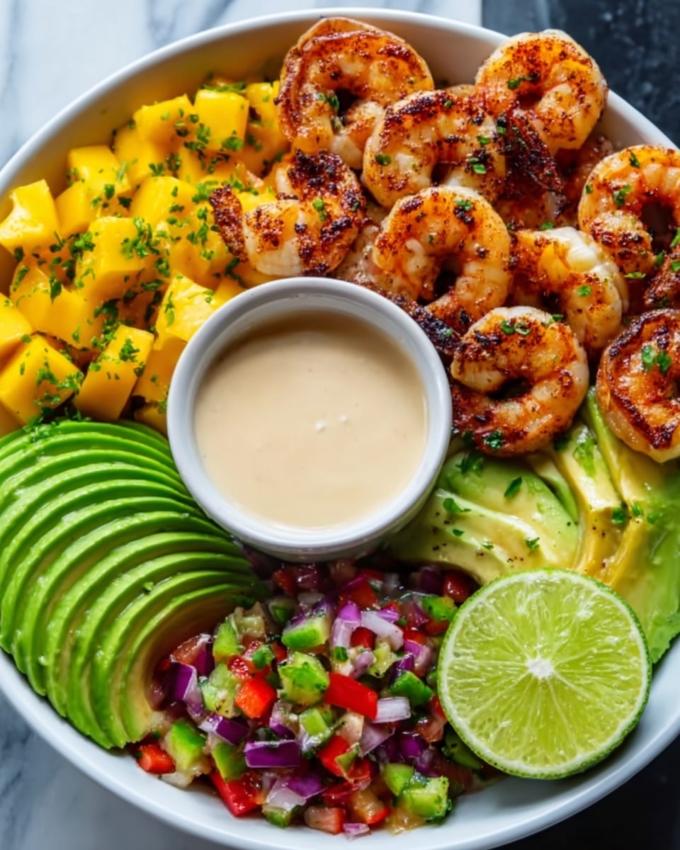 A white bowl with four main sections: at the top, grilled shrimp with browned char marks, seasoned with green herbs; in the center, a woman's hand pouring creamy orange dressing over the shrimp from above; to the left, a pile of bright yellow diced mango mixed with small green herbs; at the bottom right, a neat fan of green avocado slices on a bed of light-colored grains mixed with small bits of red onion and green herbs; to the far right, a colorful salsa of red tomatoes, green herbs, and purple onion; a green lime wedge sits on the edge of the bowl. The background is white marbled texture. Photo taken with an iphone --ar 4:5 --v 7