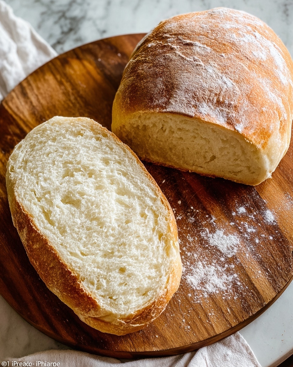 A loaf of bread with a golden brown crust sits on a round wooden board with some flour dusted around it. One loaf is whole while the other is cut in half, showing the soft, pale, and slightly uneven texture inside. The crust looks thin and crisp with a few light flour patches. A white marbled surface is partially visible in the background with a white cloth on the bottom right. photo taken with an iphone --ar 4:5 --v 7