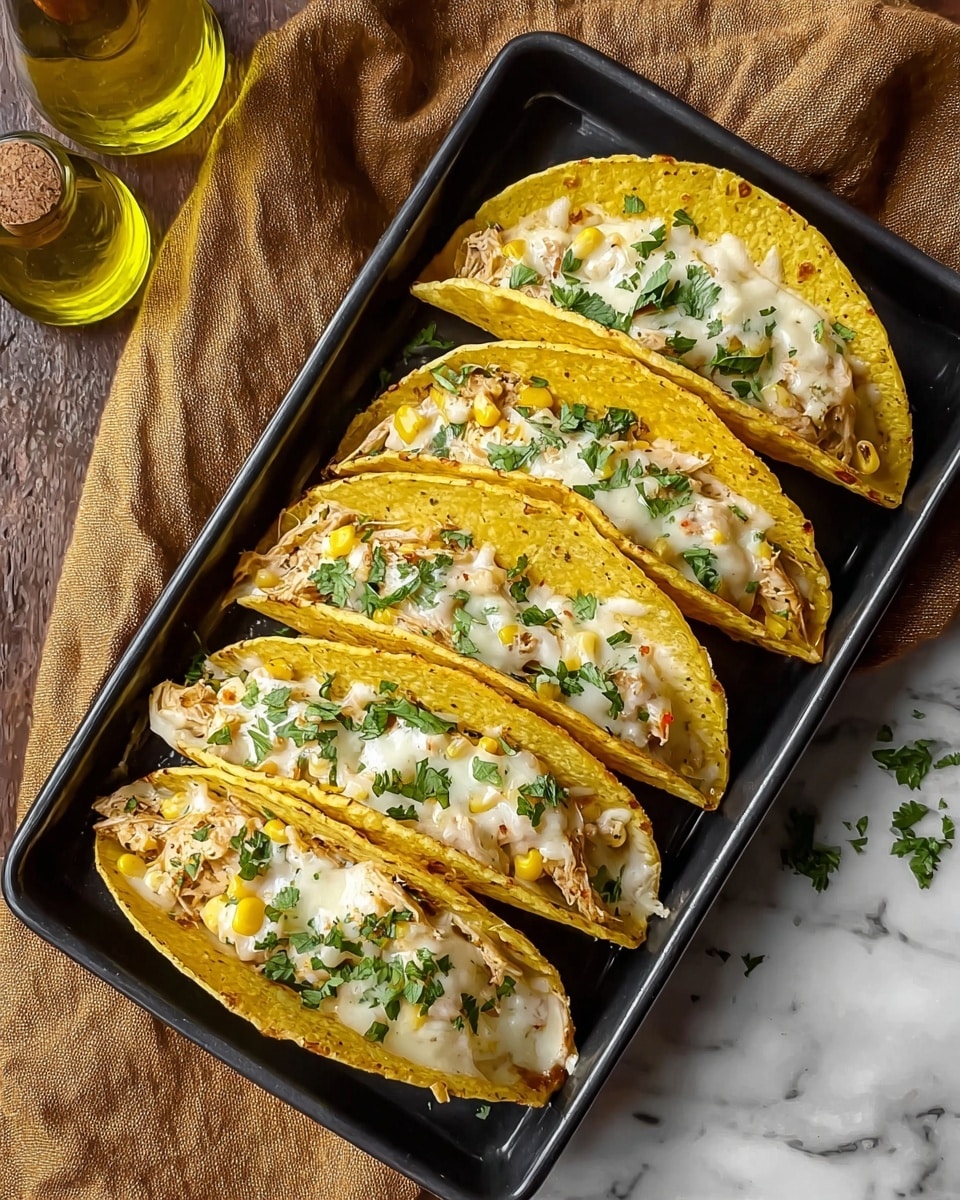 A black rectangular tray on a white marbled texture surface holds seven yellow corn tortillas folded in the middle, each filled with three visible layers: a base of cooked chicken mixed with corn, a middle layer of melted white cheese, and topped with chopped green herbs scattered evenly. The tortillas are slightly browned on the edges, adding a toasted texture. A bottle with yellow olive oil is visible in the top right corner, and a yellow and white checkered cloth is partially under the tray on the bottom left side. photo taken with an iphone --ar 4:5 --v 7