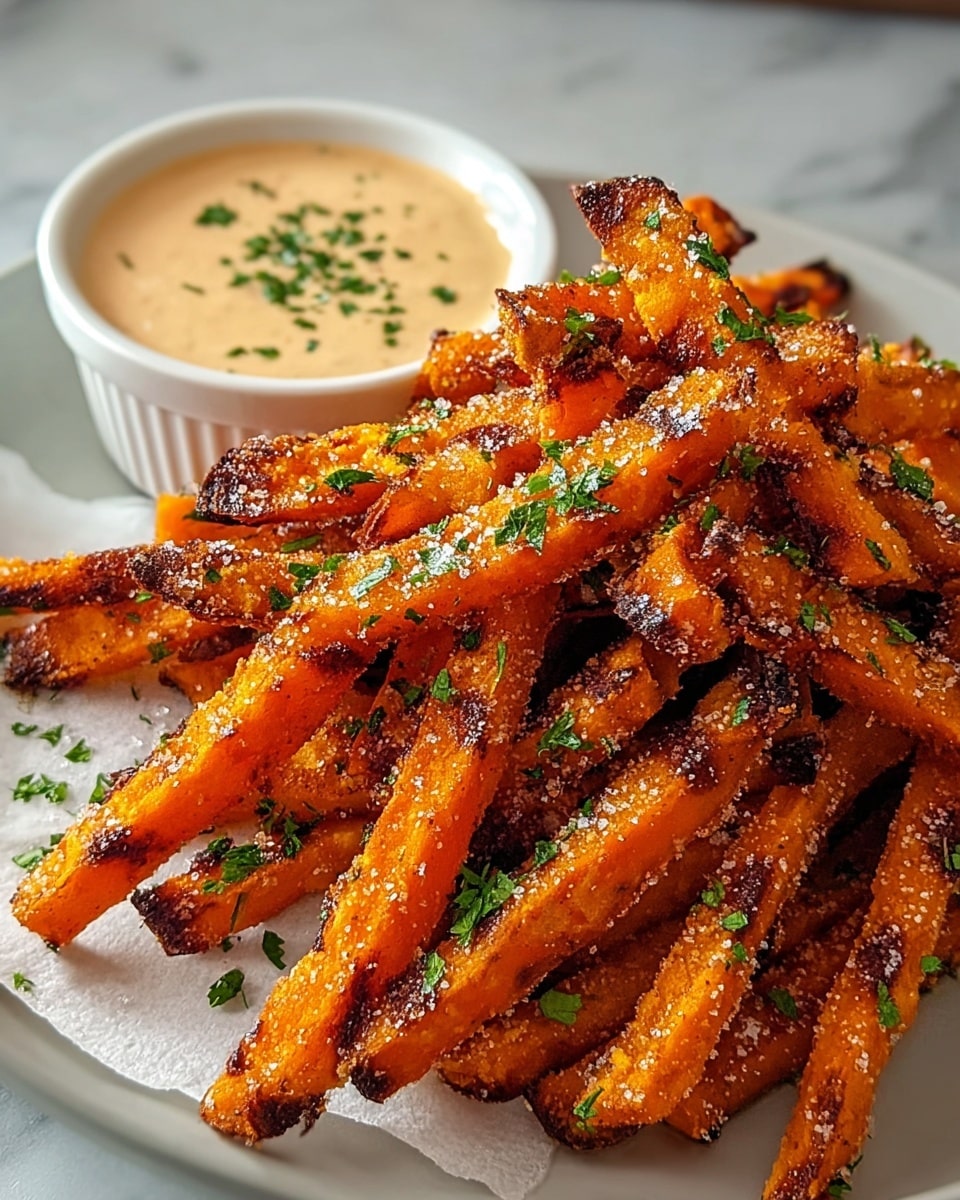 A pile of crispy sweet potato fries with a dark orange color and charred black spots stands in the middle of a white plate lined with parchment paper. The fries are sprinkled with coarse salt and small green herb pieces. Behind the fries sits a small white bowl filled with creamy light orange dipping sauce, garnished with chopped green herbs. The whole scene is set on a white marbled surface. photo taken with an iphone --ar 4:5 --v 7