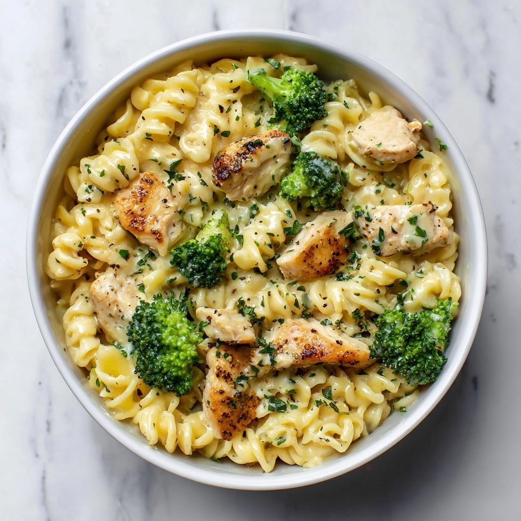 The image shows a close-up of a white bowl filled with creamy pasta topped with small pieces of cooked chicken and bright green broccoli florets. The pasta looks soft and coated with a light yellow sauce, creating a smooth texture. The cooked chicken pieces are golden brown and scattered evenly on top of the pasta, adding a slight crispy texture. Green broccoli pieces are spread throughout, adding a fresh and vibrant color contrast. The background is a white marbled surface, giving a clean and bright feel to the image. photo taken with an iphone --ar 4:5 --v 7