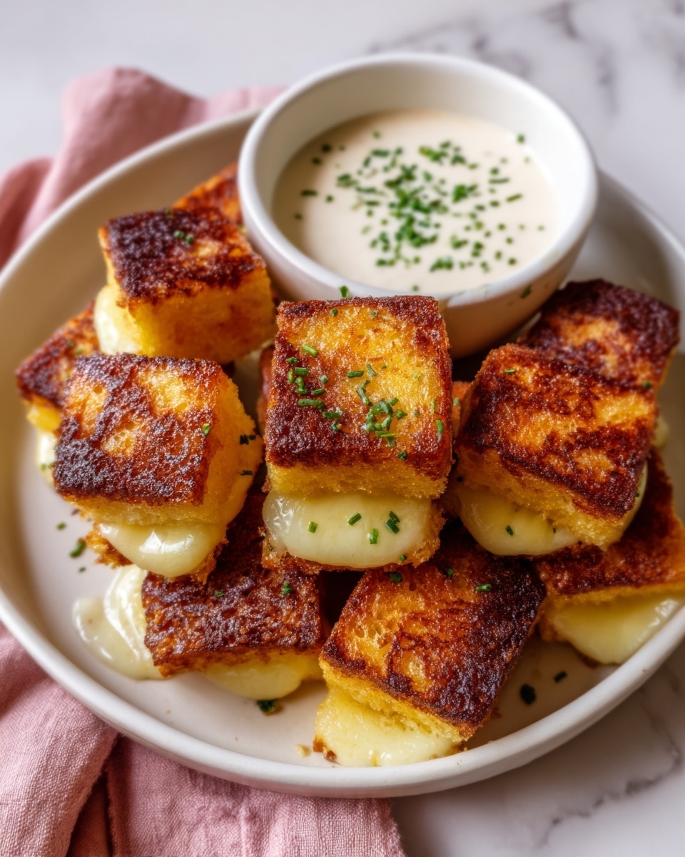 A white plate holds three layers of square, crispy, golden-brown grilled cheese croutons stacked neatly. The outer layer of each crouton is toasted to a deep amber color with slightly burnt edges, showing a crunchy texture. Inside each piece, the cheese is melted and gooey with a lighter yellow color. In the center of the plate, there is a small white round bowl filled with creamy, off-white dipping sauce sprinkled with finely chopped green herbs. The plate rests on a white marbled surface with a soft pink cloth partially visible nearby. Photo taken with an iphone --ar 4:5 --v 7
