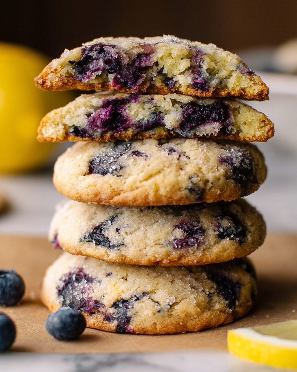 A stack of four thick, round blueberry cookies is shown on a brown parchment paper over a white marbled surface. The cookies have a rough, crumbly texture with visible juicy purple-blue spots from the blueberries inside. The top cookie is broken in half, showing a soft, moist inside with clusters of blueberries. Around the cookies are some whole blueberries and a slice of bright yellow lemon, adding contrast to the warm golden-brown shades of the cookies. The photo taken with an iphone --ar 4:5 --v 7