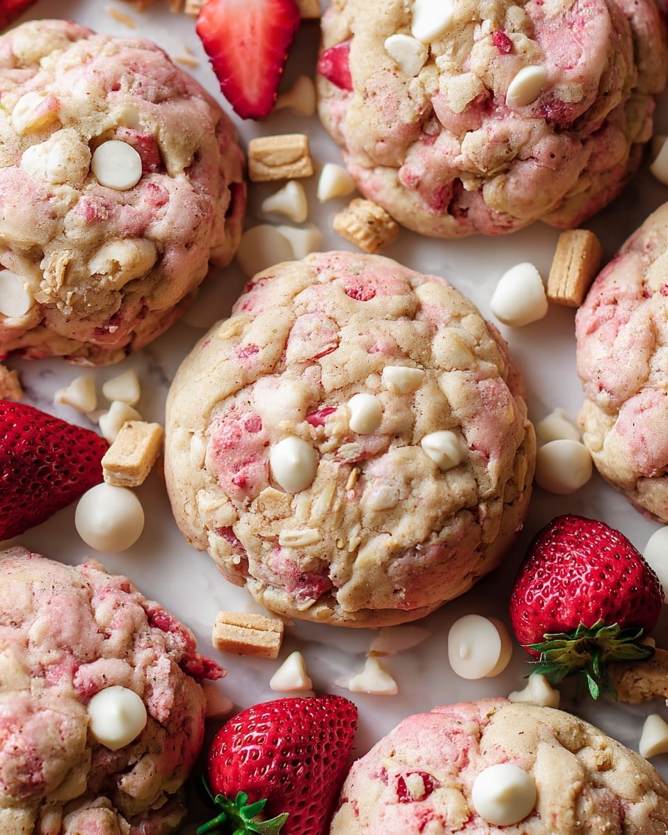 Several thick, round strawberry cookies with a light pink and beige crumbly texture are arranged closely together. The cookies show visible chunks of white chocolate and small bright red strawberry bits, giving them a speckled appearance. Around the cookies are small white chocolate drops, broken pieces of creamy white cookies, and fresh red strawberries with green leaves, all resting on a white marbled surface. photo taken with an iphone --ar 4:5 --v 7
