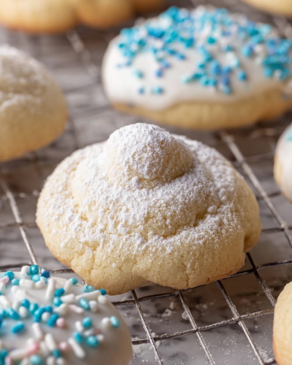 The image shows soft, round sugar cookies on a cooling rack. Each cookie has a light golden brown color with a slightly wrinkled texture, and the top cookie is generously dusted with white powdered sugar. Behind it, another cookie is visible topped with smooth white icing and sprinkled with small blue and white candy sprinkles. The cool rack is sitting on a white marbled surface. photo taken with an iphone --ar 4:5 --v 7