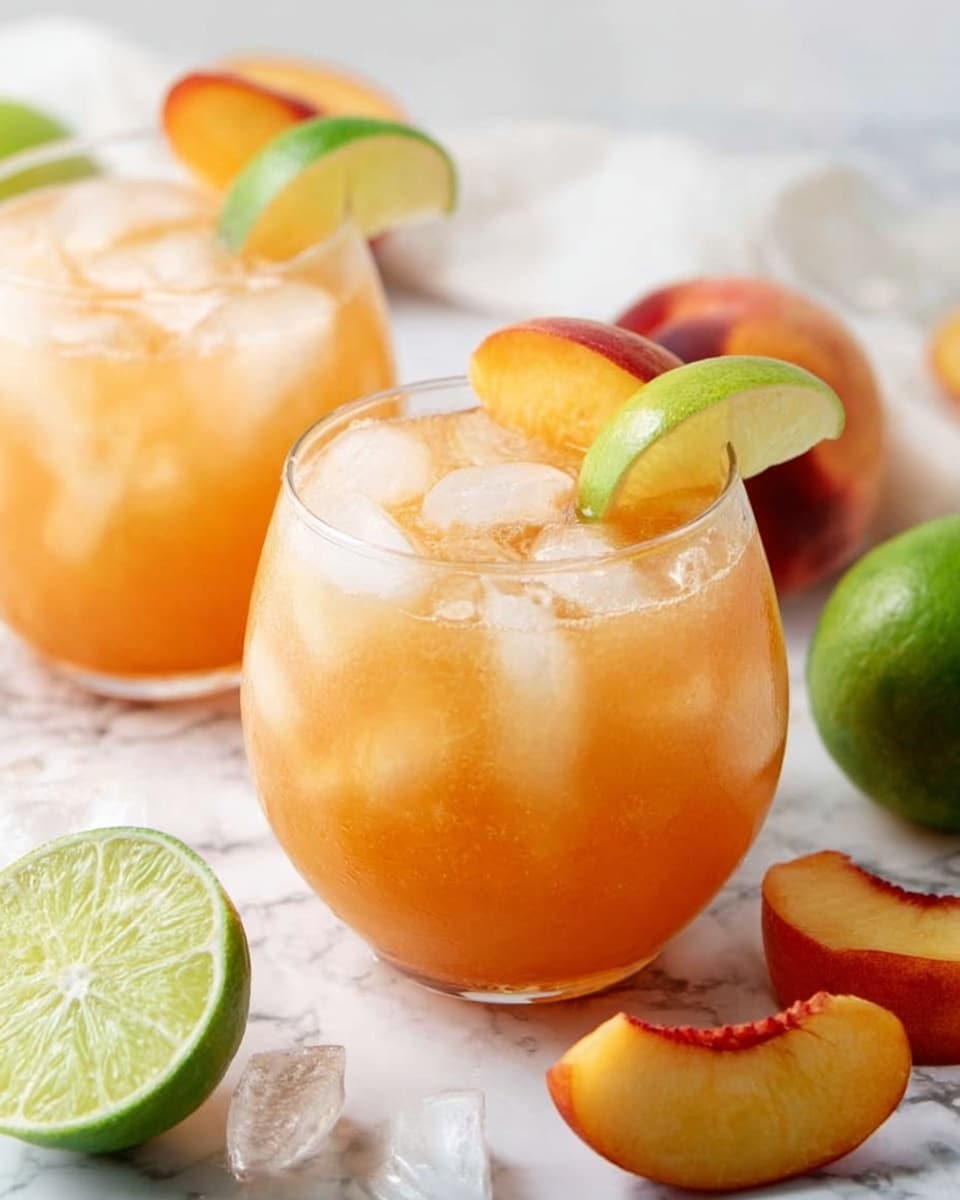 A round clear glass filled with light orange peach-colored drink layered with large ice cubes near the top. The drink has two fruit slices on top: a bright yellow lemon wedge and a peach slice with reddish-orange skin and soft orange flesh, placed near the ice. The glass is set on a white marbled surface surrounded by green lime halves and sliced peaches with orange-red tones showing their juicy texture. In the background, another similar glass with the same drink and fruit slices is slightly blurred. photo taken with an iphone --ar 4:5 --v 7