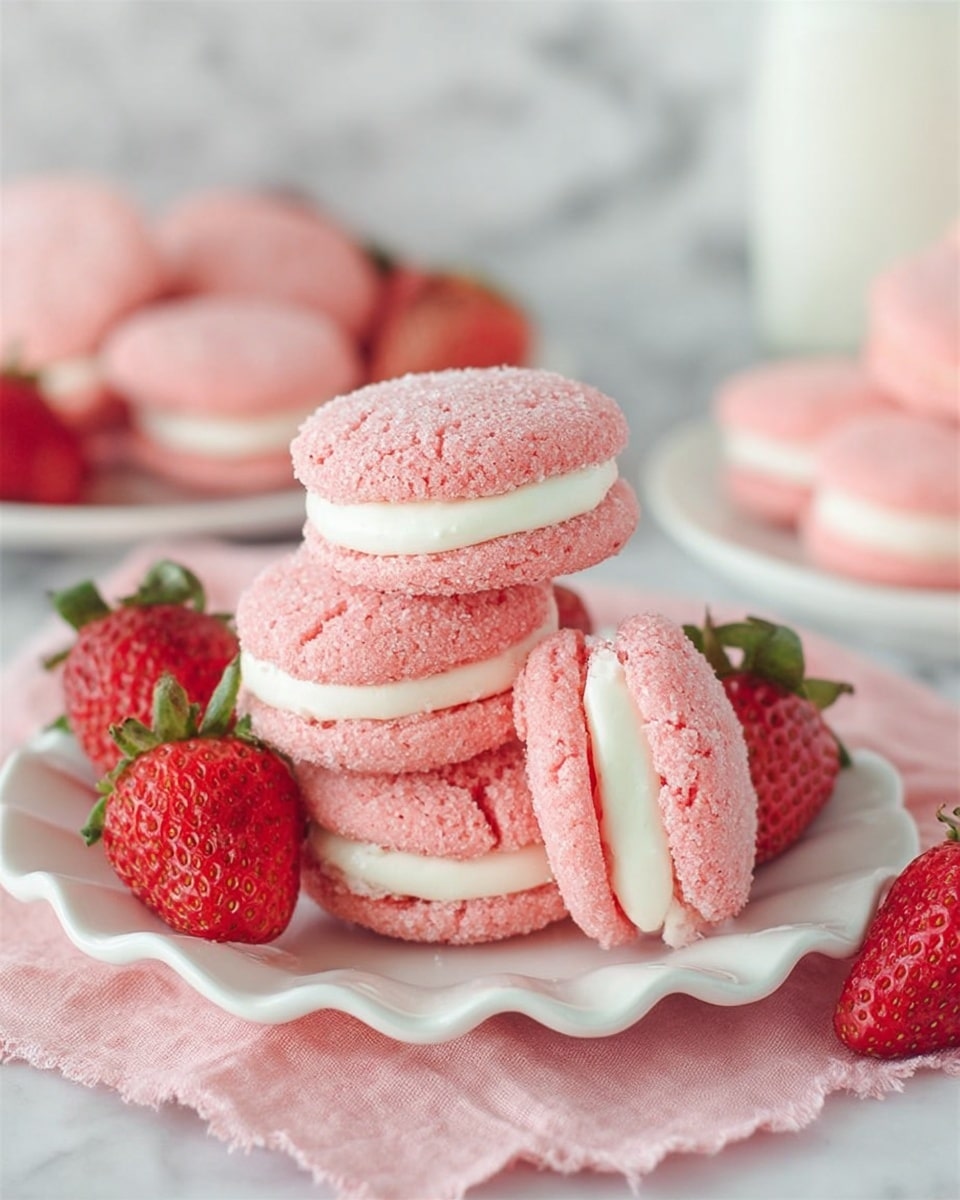 The image shows a white plate with six pink sandwich cookies stacked and arranged closely together. Each cookie has two crumbly, cracked pink layers coated in coarse sugar crystals, with a smooth, thick white cream filling in the middle. The cookies are surrounded by fresh, halved strawberries with bright red centers and green tops. The plate sits on a soft pink textured cloth, all set against a white marbled texture background. Photo taken with an iphone --ar 4:5 --v 7