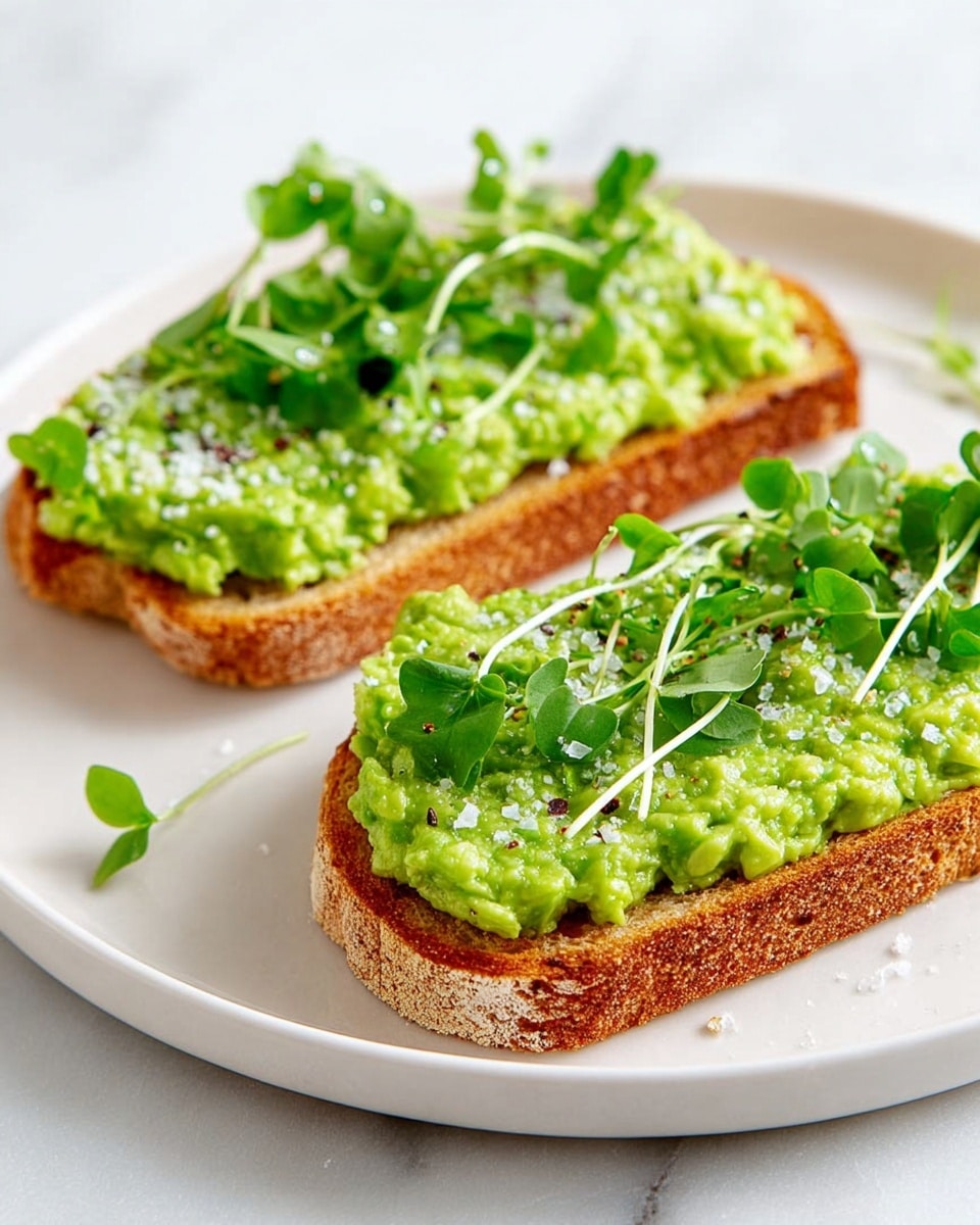 Two slices of toasted bread are placed on a white plate with a white marbled texture underneath. Each slice is topped with a bright green, chunky avocado spread that covers the entire surface of the bread. On top of the avocado spread, there are several fresh, delicate pea shoots with thin stems and round leaves, adding a fresh, natural touch. Tiny white crumbs and some black pepper flakes are scattered lightly over the avocado, adding texture and color contrast. The bread edges are golden brown and crispy, with a soft crumb inside visible under the avocado layer. photo taken with an iphone --ar 4:5 --v 7