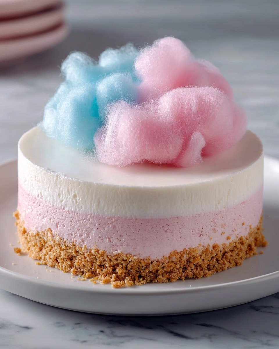 A round cake with four visible layers sits on a white plate against a white marbled texture. The bottom layer is a crumbly light brown crust, topped by a thick white creamy layer. Above that is a smooth pale pink mousse layer, followed by another thicker fluffy white layer. On top, there is a large, fluffy mix of pink and blue cotton candy, adding a soft and light texture with swirling colors. The background includes soft pink and blue elements out of focus. photo taken with an iphone --ar 4:5 --v 7