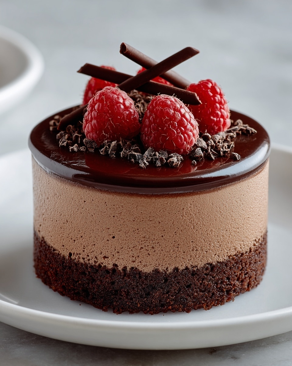 A small round dessert sits on a white plate placed on a white marbled surface. The dessert has three distinct layers: the bottom layer is a dark brown, moist cake; the middle layer is a light brown, smooth mousse with a slightly airy texture. The top layer is a shiny, rich chocolate glaze that covers the entire surface. On top of the glaze, there are five bright red raspberries, scattered chocolate shavings, and three vertical pieces of dark chocolate sticks arranged in the center. The photo taken with an iphone --ar 4:5 --v 7