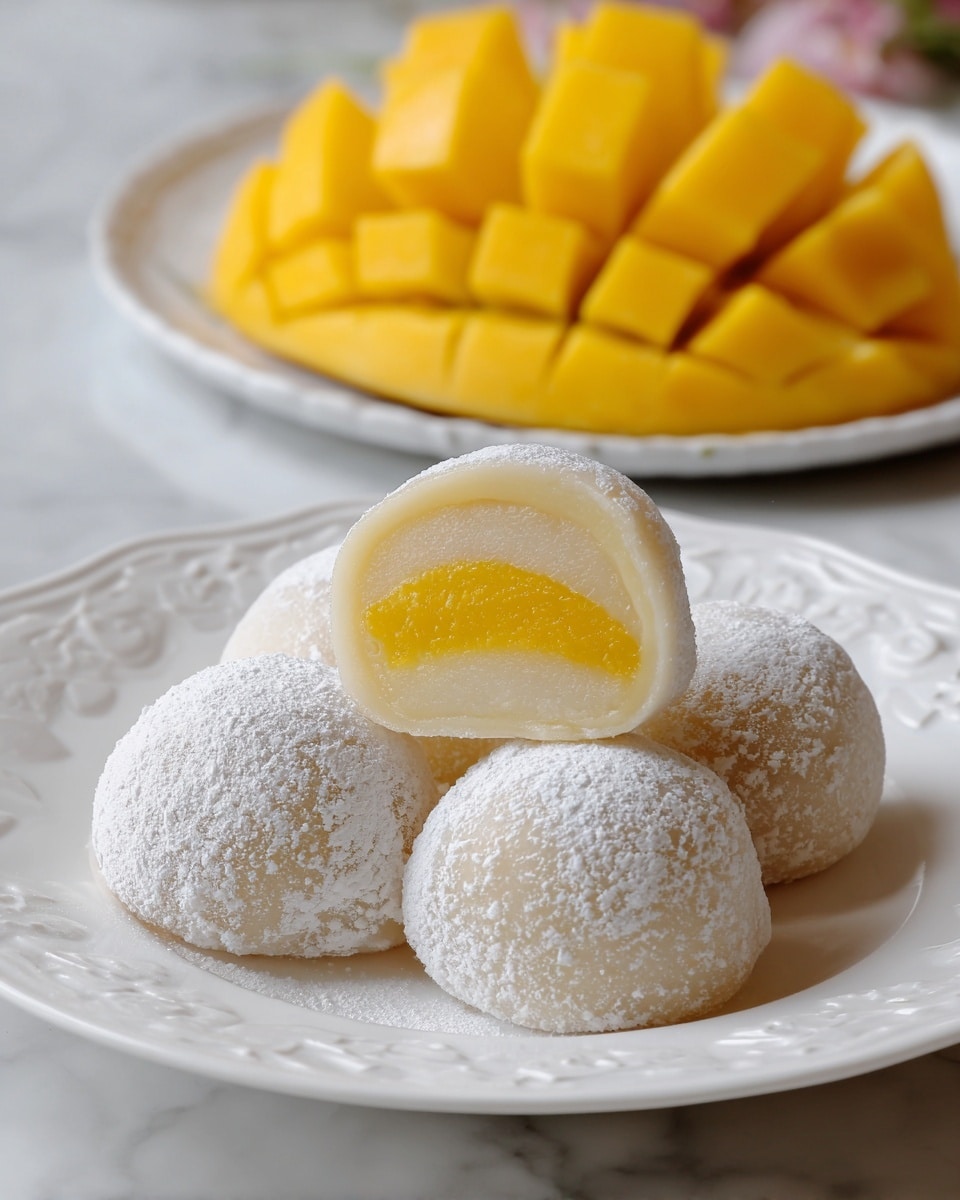 A white plate holds five round, soft mochi balls dusted with white powdered sugar. Four whole mochi form a close group at the bottom of the plate, while one mochi is cut in half and placed on top, showing a bright yellow mango filling inside. The mochi outer layer is a pale, translucent white with a soft, smooth texture. In the blurred background, there is a sliced yellow mango and pink flowers, resting on a white marbled surface. photo taken with an iphone --ar 4:5 --v 7