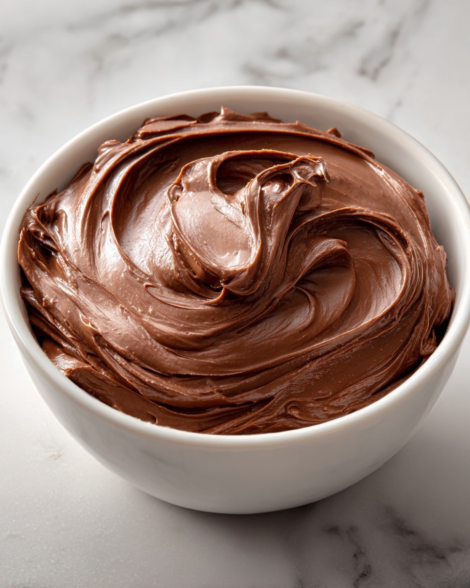 A smooth, thick layer of rich, dark brown chocolate frosting is swirled inside a simple white bowl, with even, creamy textures covering the entire surface and creating soft peaks and curves as if just spread by a spatula. The bowl sits on a clean white marbled surface that adds a subtle elegance to the scene. Photo taken with an iphone --ar 4:5 --v 7