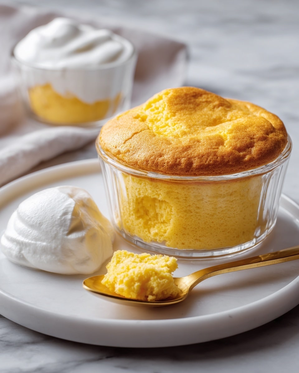 The image shows one glass ramekin filled with a golden-yellow soufflé that has a fluffy, slightly cracked top layer, sitting on a white plate. Next to the ramekin on the plate is a round, smooth dollop of white cream. In front of the ramekin, a gold spoon rests on the plate holding a small scoop of the soufflé, showing its soft texture inside. In the background, another ramekin with a similar soufflé is slightly out of focus, all placed on a white marbled surface with a soft fabric partially visible. Photo taken with an iphone --ar 4:5 --v 7