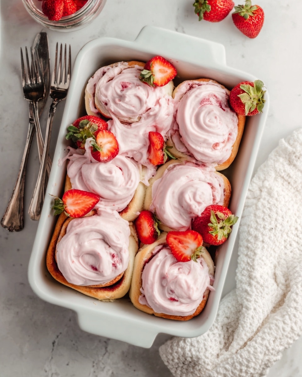 The image shows six cinnamon rolls in a white rectangular baking dish, each topped with a thick swirl of light pink frosting. The frosting looks smooth and creamy with small bits of strawberry visible inside. Fresh red strawberries, some whole and some cut in half, are placed on top and between the rolls, adding bright pops of color. The dish sits on a white marbled surface, and a woman's hand is near the edge of the dish, holding a white napkin. Photo taken with an iphone --ar 4:5 --v 7
