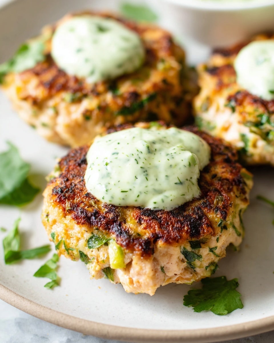 Three lightly browned, round fish cakes with a slightly rough texture sit on a white plate over a white marbled surface. Each fish cake is topped with a dollop of pale green sauce flecked with small herb bits, with the front fish cake also garnished with a small cilantro leaf. The fish cakes show green herb pieces mixed throughout, with a crispy outer edge and a softer, moist center. Photo taken with an iphone --ar 4:5 --v 7