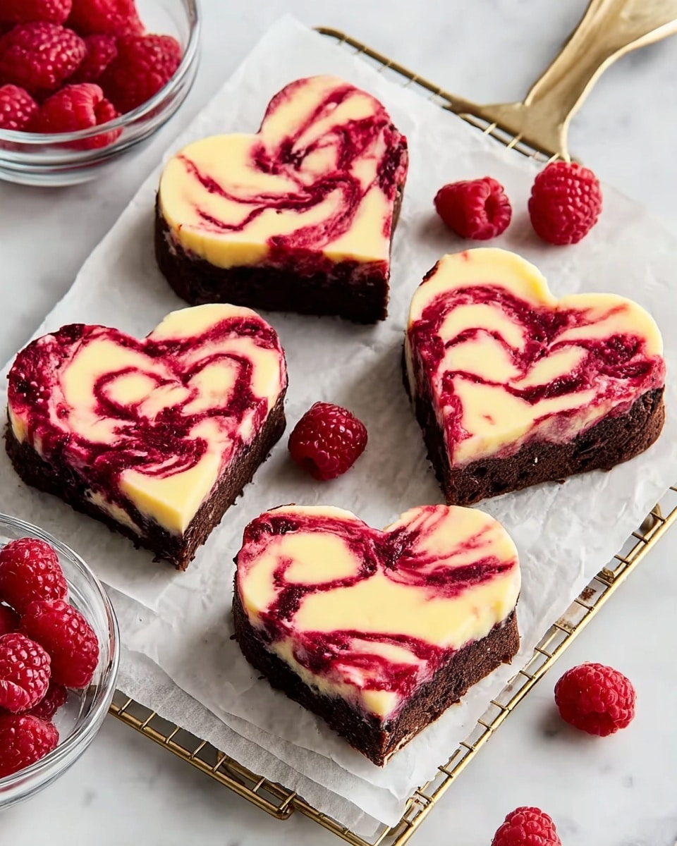 The image shows four heart-shaped brownies with two layers on a white parchment paper atop a gold wire rack. The bottom layer is dark chocolate brown and dense, while the top layer is creamy off-white with bright red raspberry swirls creating a marbled pattern. Fresh red raspberries are scattered around the brownies, and a clear white bowl filled with more raspberries sits at the top right corner. The surface beneath the wire rack has a white marbled texture. Photo taken with an iphone --ar 4:5 --v 7