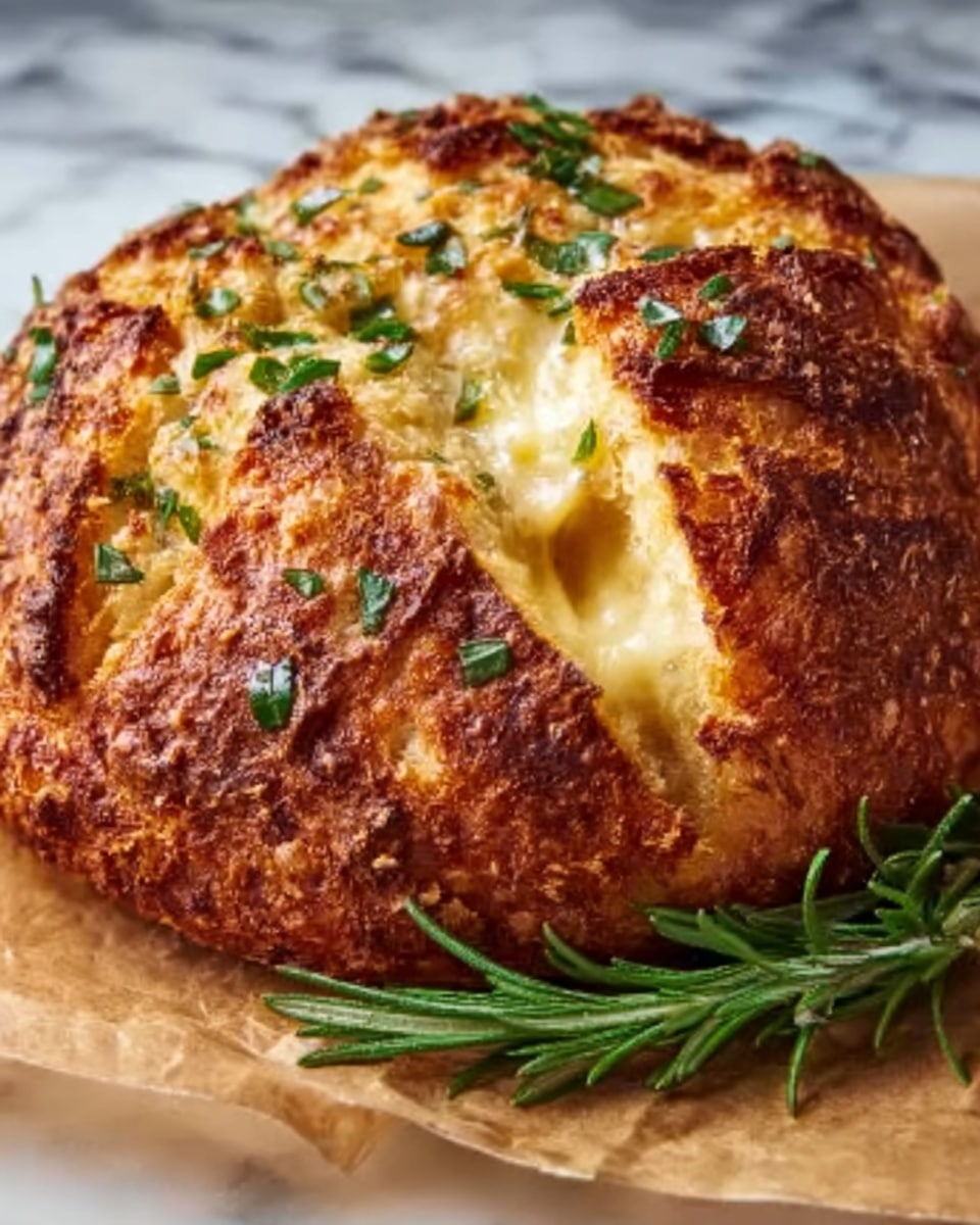 A round bread loaf with a golden-brown crust, featuring deep scored cuts that reveal a soft, light yellow inside filled with melted cheese. The crust is sprinkled with coarse salt and small green herbs scattered on top, adding texture and color contrast. A fresh green rosemary sprig lies diagonally on the right side of the loaf. The bread sits on crumpled parchment paper over a white marbled surface. Photo taken with an iphone --ar 4:5 --v 7