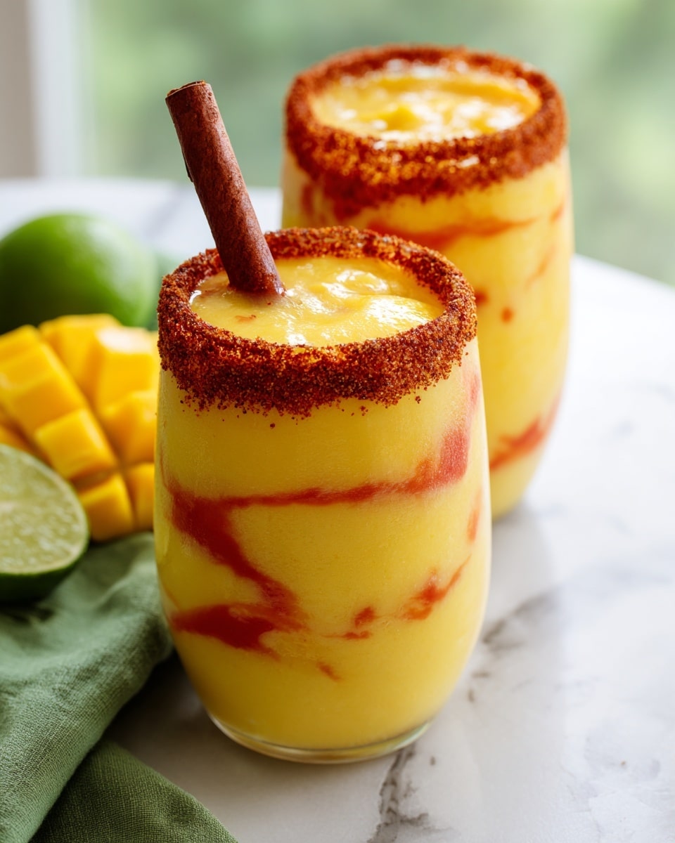 The image shows two glass cups filled with a creamy, smooth yellow mango drink with swirls of red sauce throughout. Each glass has a thick layer of dark red chili powder around the rim. A cinnamon stick, coated in the same dark red chili, is placed vertically in the center of each glass. The glasses are placed on a white marbled textured surface, with a green cloth, cut lime, and sliced mango pieces in the blurred background. Photo taken with an iphone --ar 4:5 --v 7